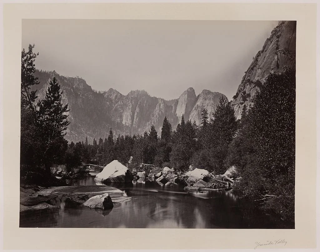  [Stream with trees and mountains in background, Yosemite Valley, Calif.] 