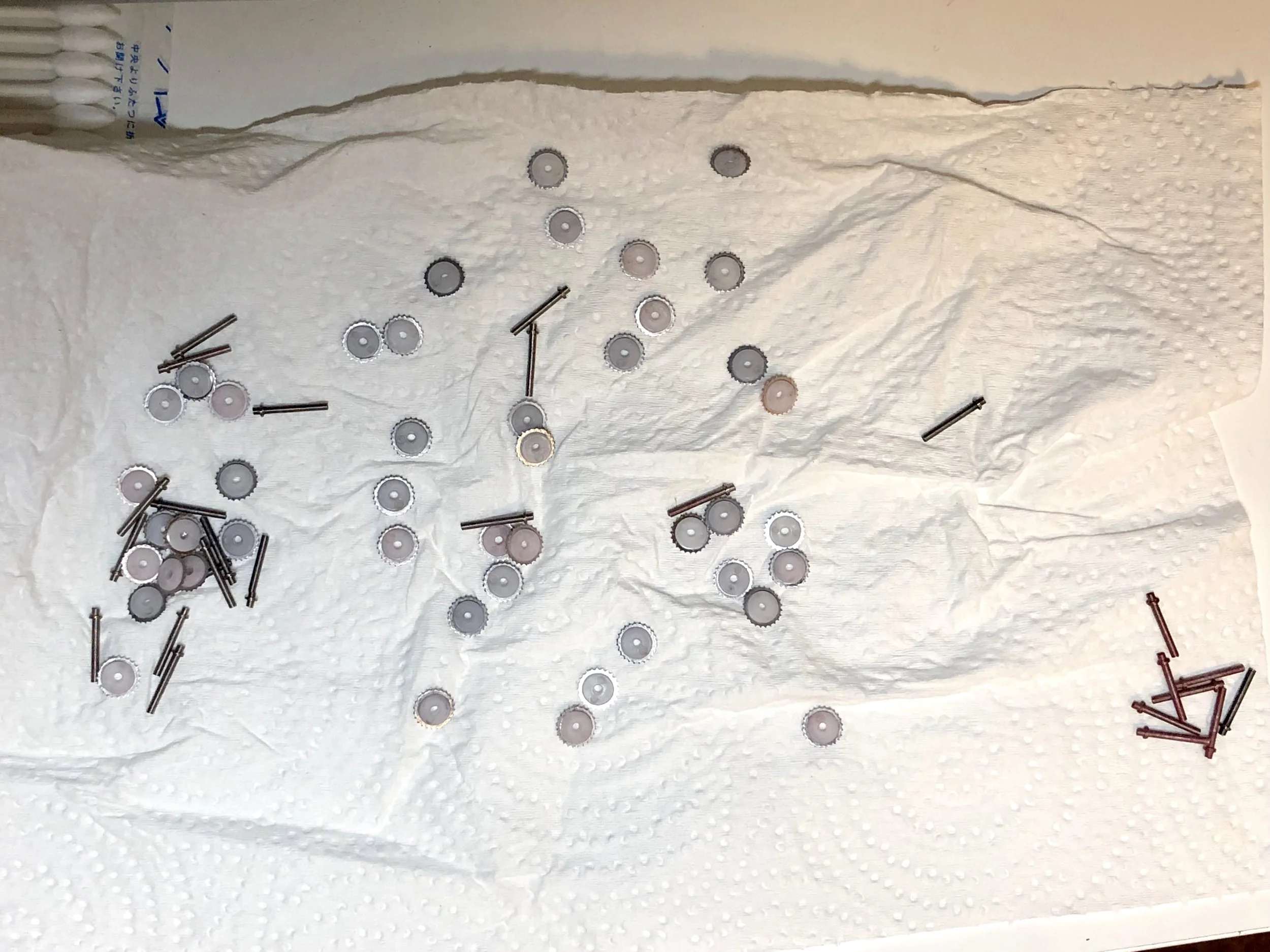 Parts before cleaning. Note the springs on the right, and how pink they are.